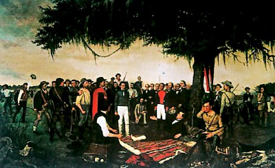 General Santa Anna surrendering to the injured General Sam Houston