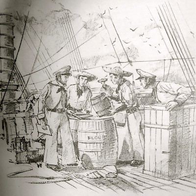 Black and white sketch of Republic of Texas sailors discovering gunpowder in barrels of flour on board the Pelicano.