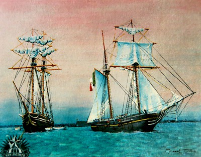 Painting of the Republic of Texas Navy ship Liberty as it tows the captured Pelicano that was carrying gunpowder for Santa Anna's troops but eventually ended up in General Sam Houston's army before the battle of San Jacinto.